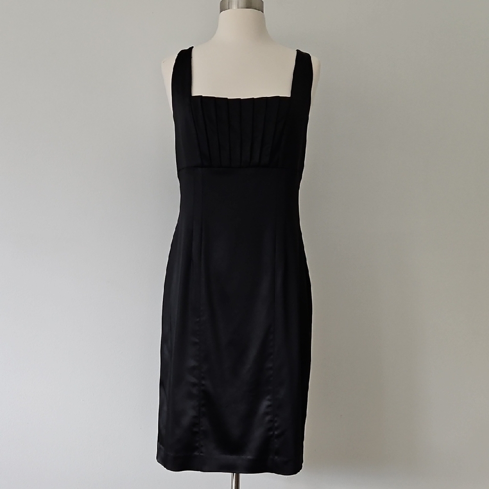 Calvin‎ Klein Black Satin Sexy Bodycon Midi Dress Pleated Bust Size 1